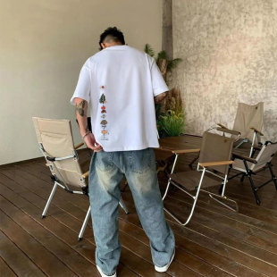 露营风 t恤男纯棉美式 夏季 短袖 痞帅潮流圆领宽松休闲半袖 新款