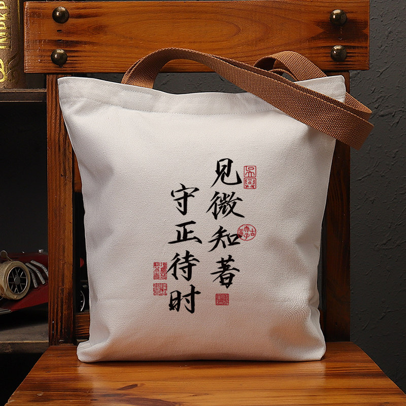 见微知著帆布袋女大容量单肩手提袋环保购物包男上课补习通勤斜挎