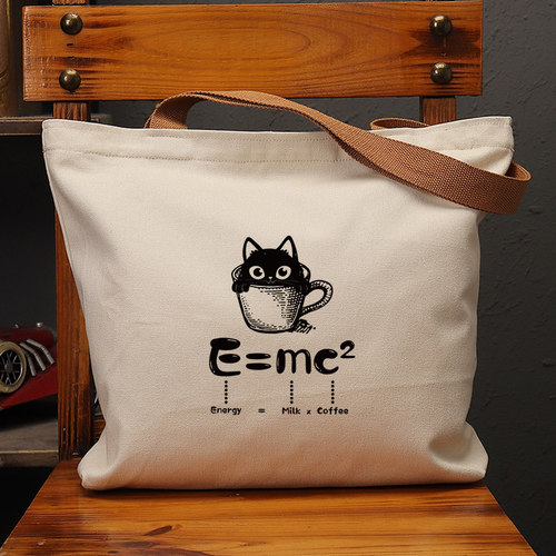 E=MC咖啡杯猫复古休闲帆布包