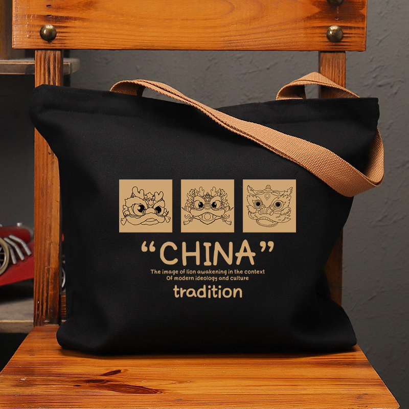 舞狮CHINA龙头国潮帆布包复古