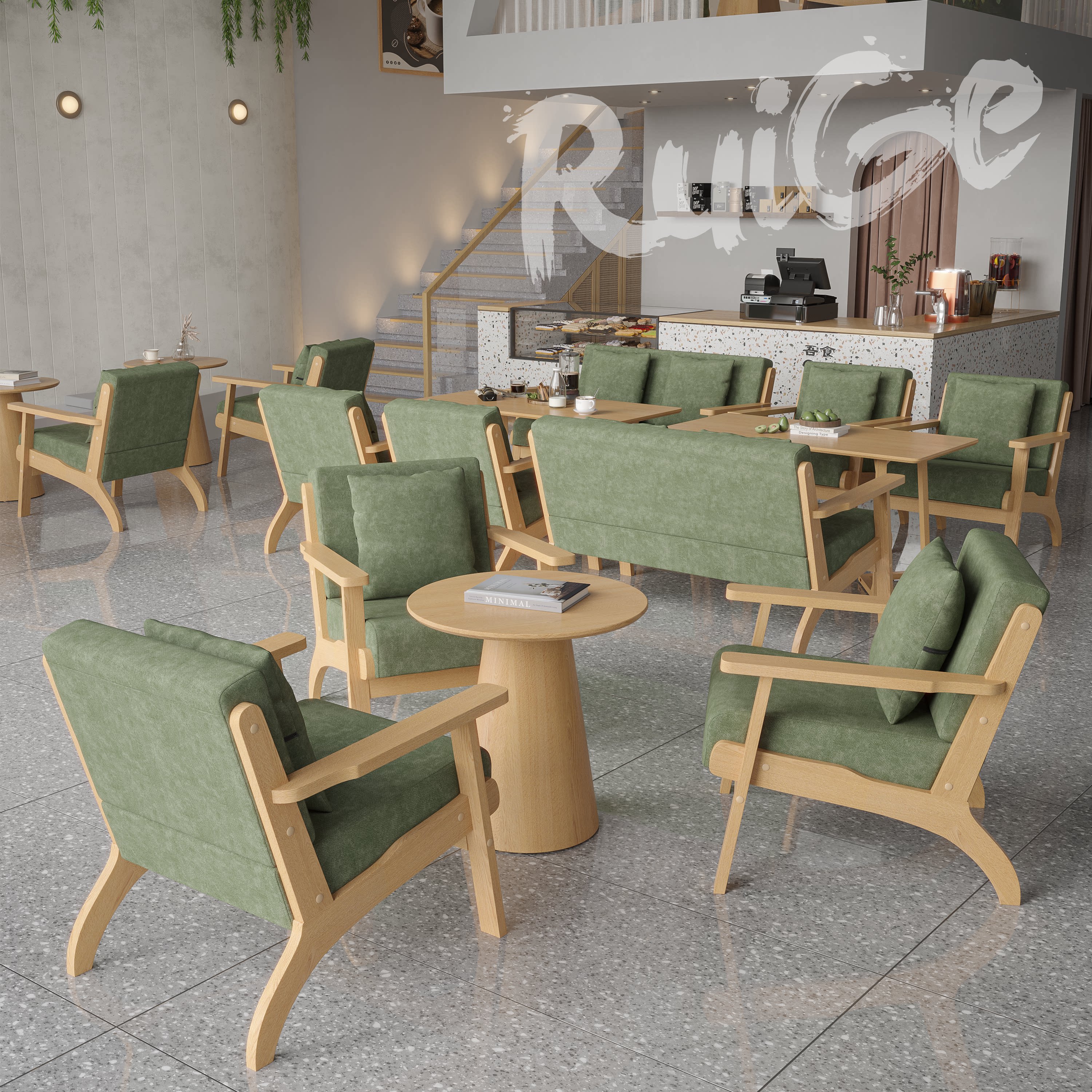 实木单人咖啡厅奶茶店休息区休闲接待洽谈清吧卡座桌椅小沙发组合