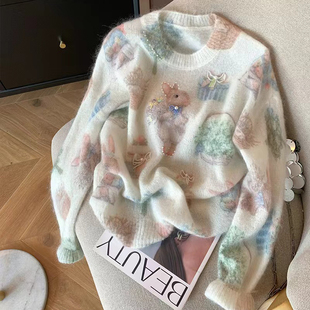 甜美软糯针织上衣 设计感小兔子钉珠印花马海毛毛衣女2025秋冬新款