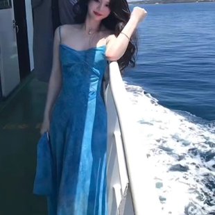 法式 海边度假风显瘦绝美长裙子 复古气质显白吊带连衣裙女夏季 新款