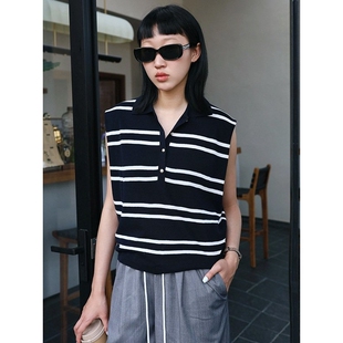 醋酸棉纱polo领条纹宽肩立裁针织衫 麦德龙夏新品 女宽松轻薄上衣