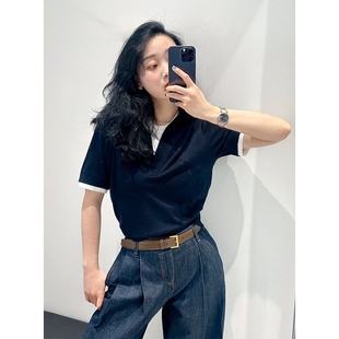 女休闲宽松 麦德龙上衣女春季 新品 POLO领轻柔简约假两件短袖 针织衫
