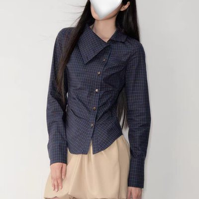 凤梨妹妹 深藏青斜翻领复古格纹掐腰显瘦长袖衬衫上衣女