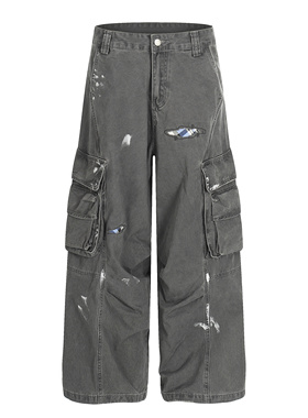 美式复古水洗休闲裤A字百搭男女做旧户外宽松直筒阔腿拖地工装裤