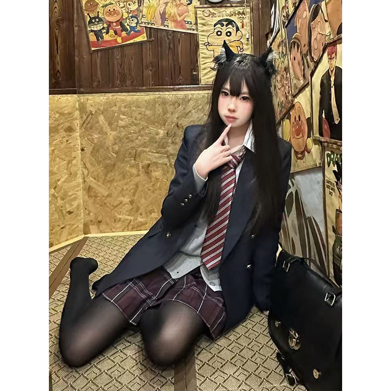 JK制服高校学姐西装单排西服外套女秋冬款毛衣jk针织开衫格裙套装