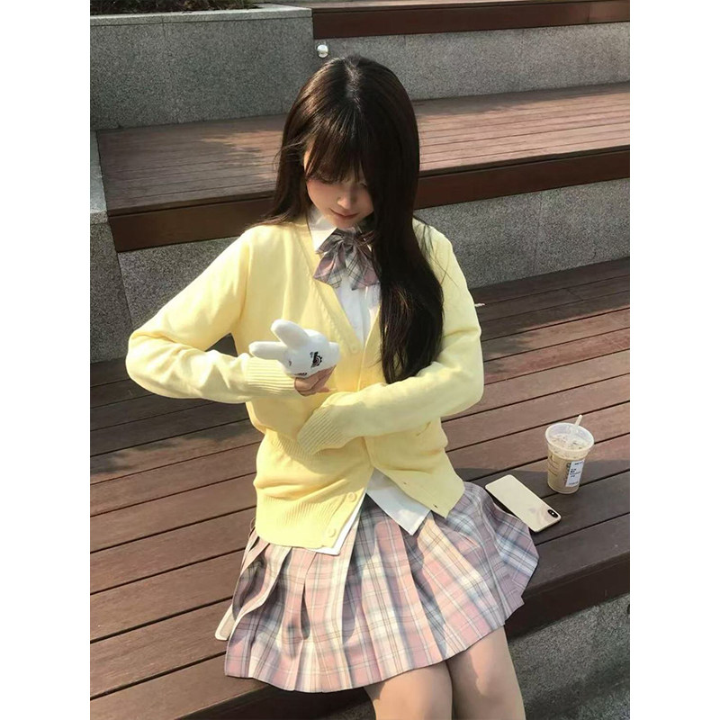 日系黄色长袖开衫女叠穿毛衣春秋学院风针织衫上衣春时JK制服套装