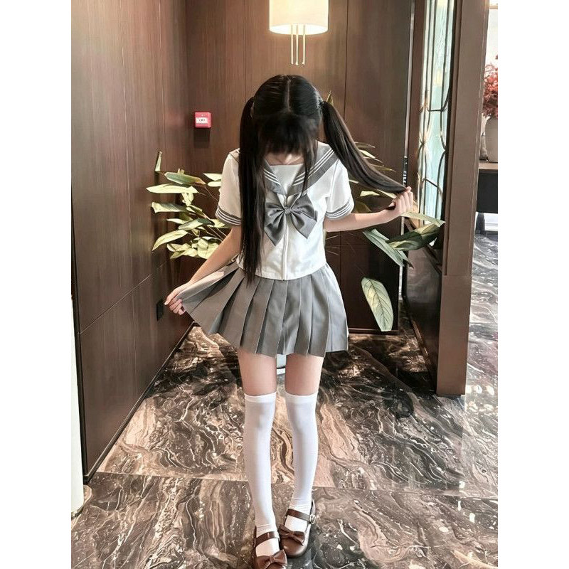 JK制服夏季款浅灰三本水手服海军领中间服短袖衬衫灰色JK短裙套装