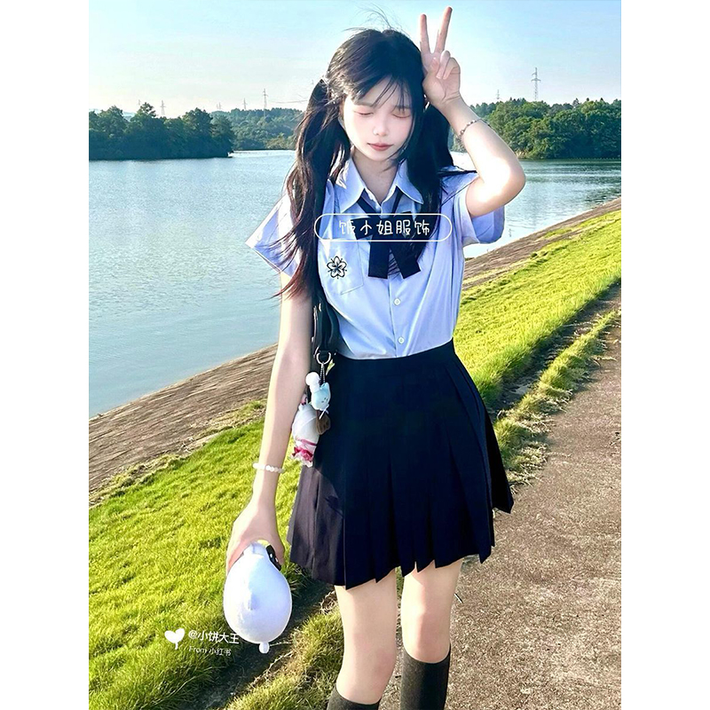 学院风原创Jk制服套装樱花刺绣蓝色宽松短袖衬衫百搭绀JK裙校供感