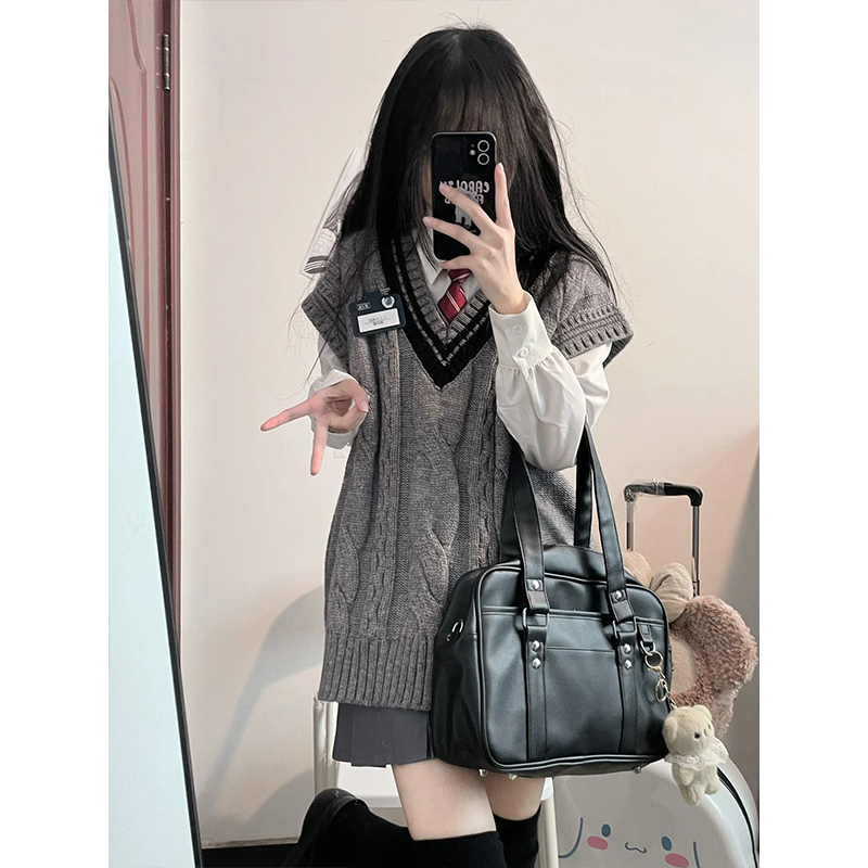 韩系学院风复古麻花灰色针织毛衣马甲女宽松显瘦背心外搭叠穿衬衫