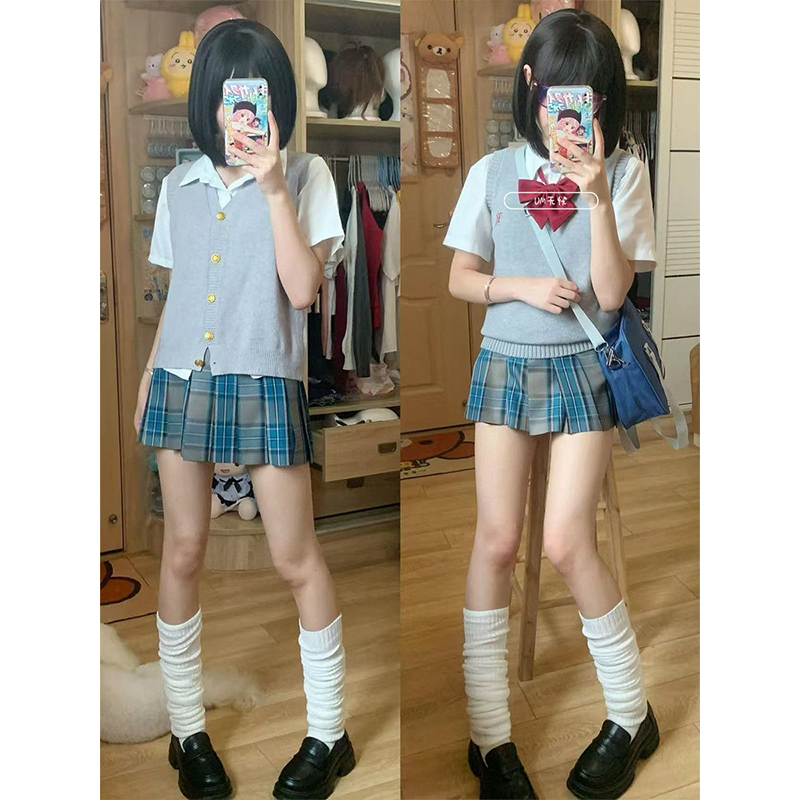 日系JK制服针织衫纯色v领开衫无袖马甲背心学院风上衣格裙套装女