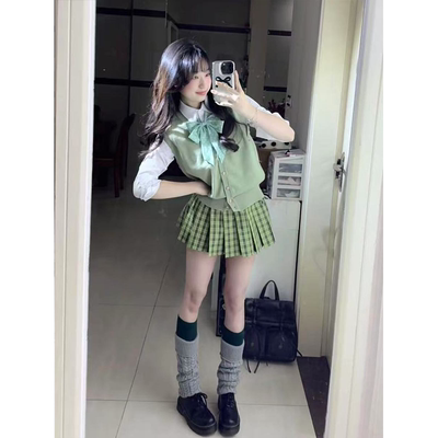 JK制服套装开衫青苹果绿马甲内搭长袖宽松衬衫百搭新款小青梅短裙