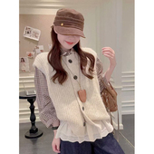 学院风早秋穿搭一整套文艺复古花边拼接格纹衬衫 搭配针织开衫 马甲