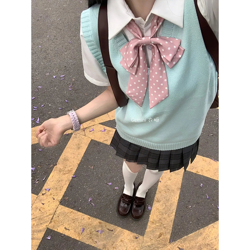 夏日系jk制服套头马甲女学院风百搭纯色短袖衬衫格子裙短裙套装女