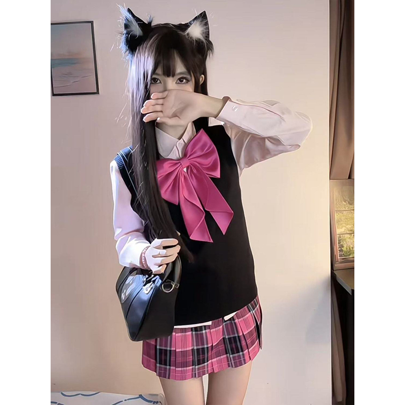 四件套jk制服套装秋冬无袖套头马甲背心学院毛衣针织衫上衣格裙女