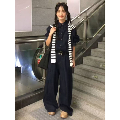 原创复古牛仔衬衫叠穿条纹披肩基础款时尚小众小个子阔腿裤套装女