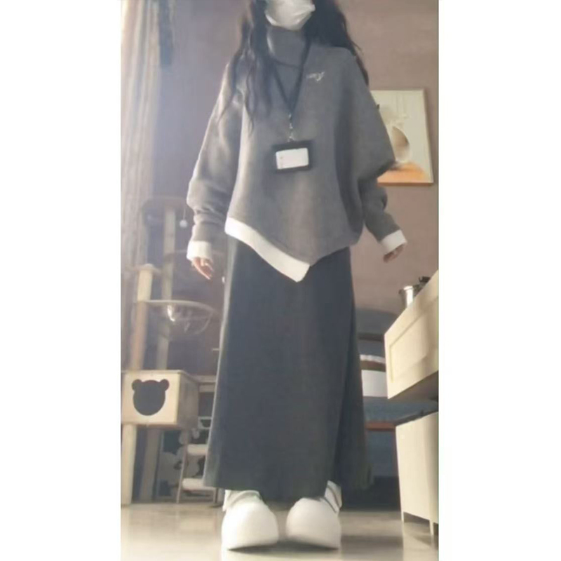 秋冬显瘦一整套装韩系高级小众斗篷宽松毛衣针织衫+气质半身长裙