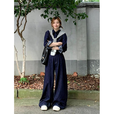 韩版清新慵懒穿搭衬衫简约外搭条纹披肩女小众阔腿长裤套装甜酷风