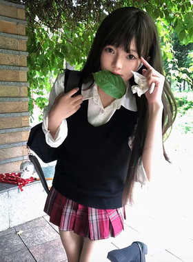 JK制服针织衫v领黑色套头马甲背心内搭短袖衬衫jk格裙一整套夏季