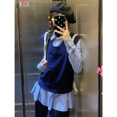 韩系v领针织衫毛衣背心秋冬女学生马甲百搭叠穿蓝格子衬衫两件套
