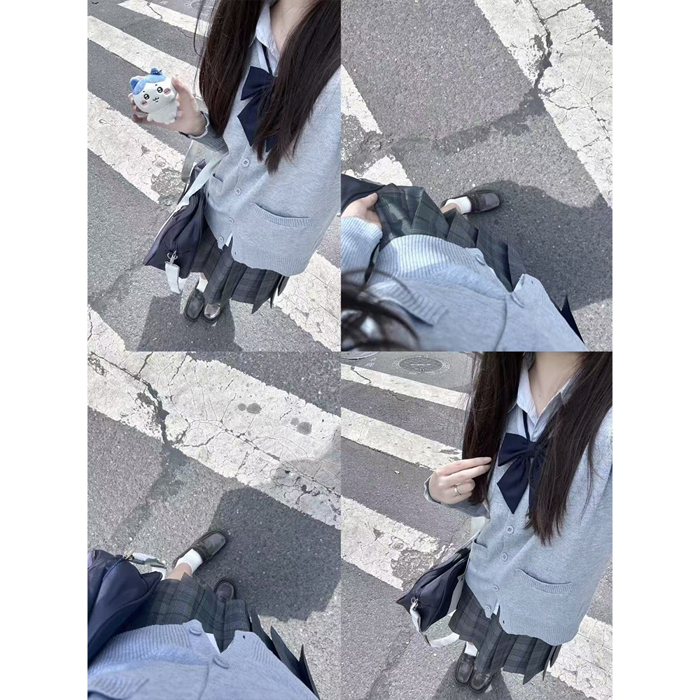 日系制服针织长袖毛衣基础宽松开衫简约通勤学生套装JK澈百褶格裙