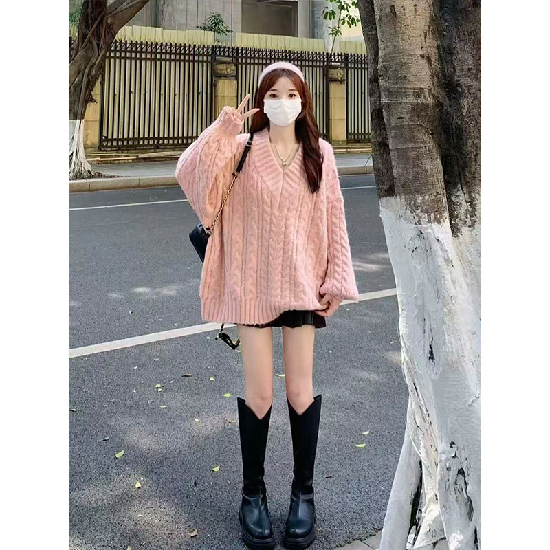 粉色麻花毛衣秋冬新款宽松加厚慵懒外穿长款套头针织上衣针织衫