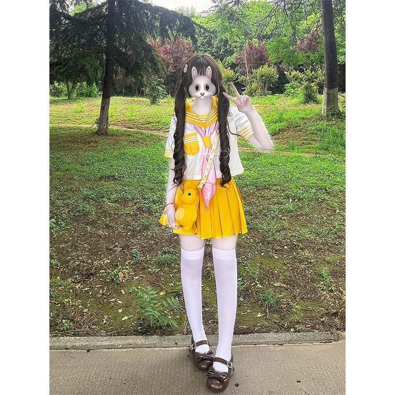 原创水手服中间服学院风穿搭黄色浅蓝短袖短裙多巴胺JK制服套装