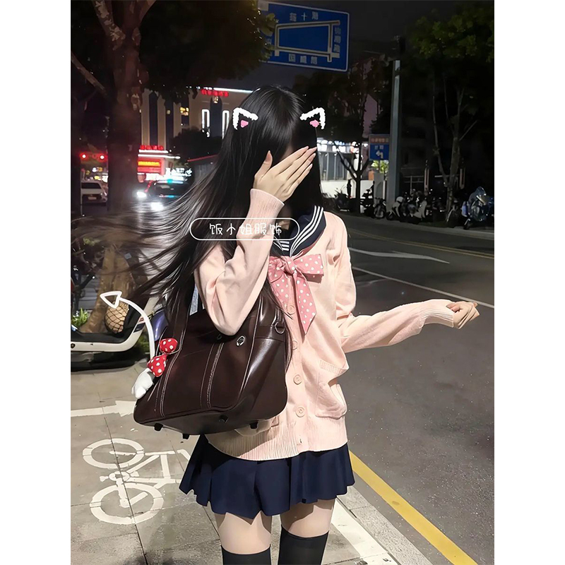 日系纯色学院风针织毛衣开衫叠穿宽松基础款绀色短裙校供感套装女