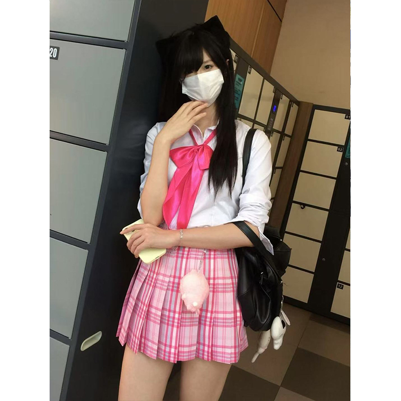 日系学院风宽松长袖白色衬衫百搭糖果格裙JK裙原创JK制服夏季套装