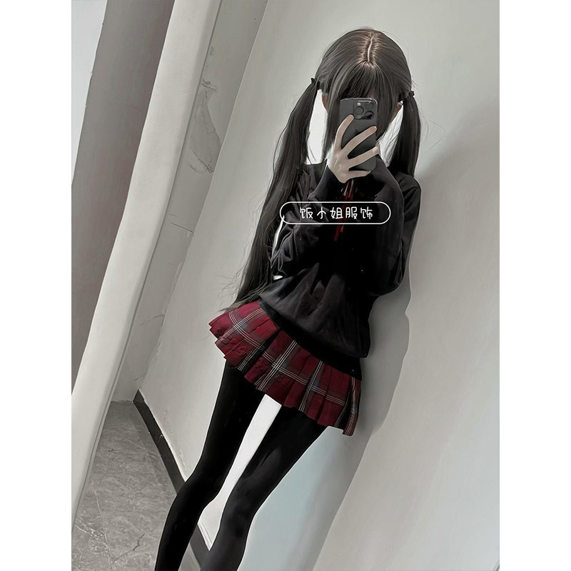 春秋款JK制服针织衫V领纯色套头毛衣长袖上衣百搭红格短裙一整套