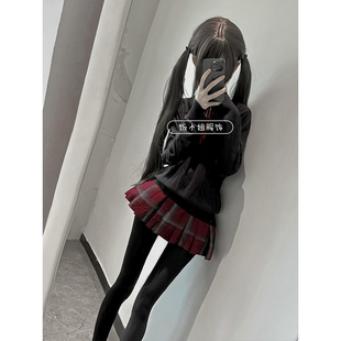 春秋款JK制服针织衫V领纯色套头毛衣长袖上衣百搭红格短裙一整套