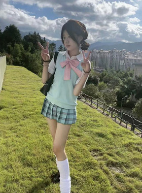 学院风针织衫V领背心马甲校供感穿搭百搭新款璃海百褶裙秋冬套装