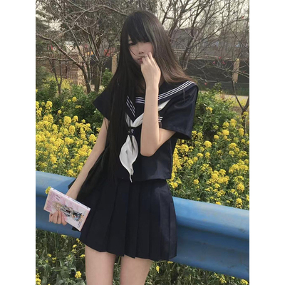 2025新款原创水手服套装绀领长短袖衬衫上衣百搭绀色裙校供感套装