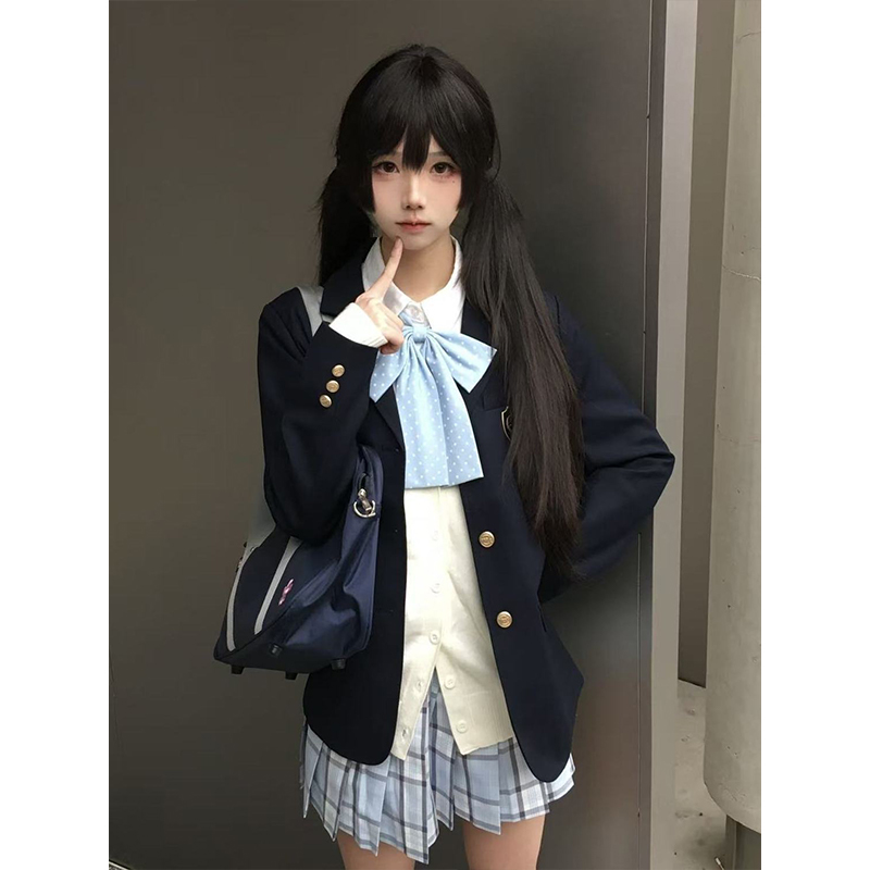 西装JK西服针织外套开衫新款学院格纹百褶裙女生百褶制服套装叠穿