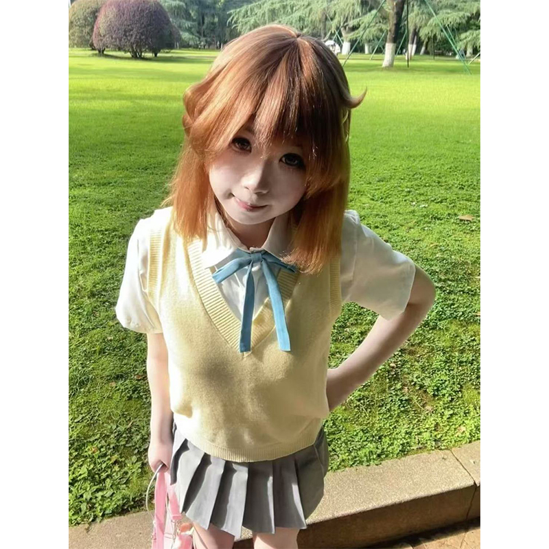 JK制服套装V领针织衫背心马甲叠穿衬衫上衣宽松百搭灰色裙夏季款