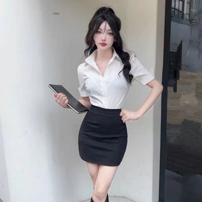 夏季ol制服套装工作服职业装气质女白衬衫包臀裙子酒店前台黑包裙