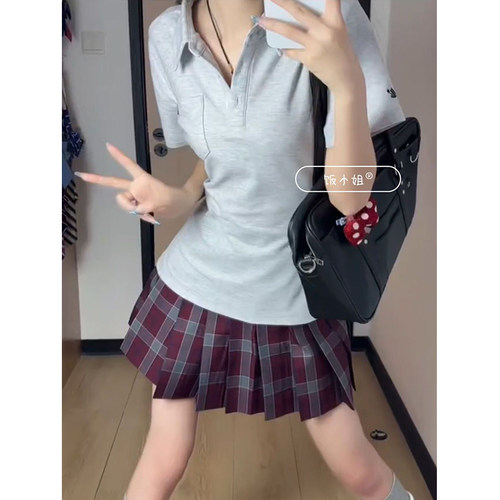 JK制服原创夏季POLO领短袖小众基础款学院风灰色刺绣衬衫新款穿搭