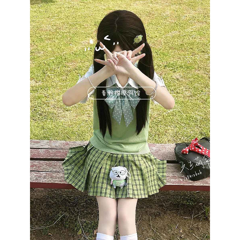 小青梅/日系JK制服针织衫2025夏季新品青苹果绿马甲背心百搭格裙