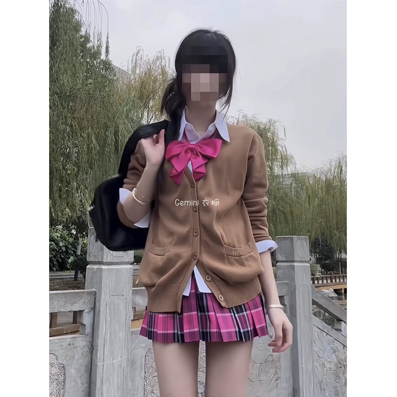 秋冬日系纯色长袖V领毛衣叠穿百搭针织开衫外套JK制服百褶裙套装