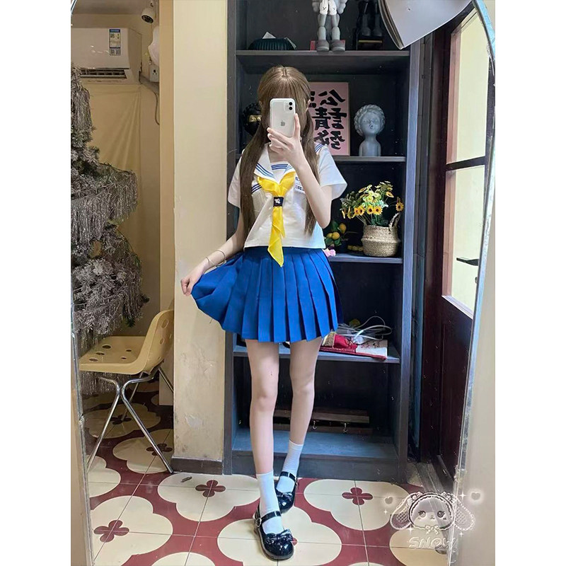 甜美清新JK制服日系学院白领蓝三本短袖水手服夏季新款短裙套装女