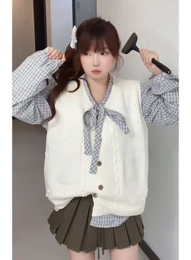 高级感甜美白色针织开衫马甲女秋季漂亮蝴蝶结绑带格子衬衫两件套