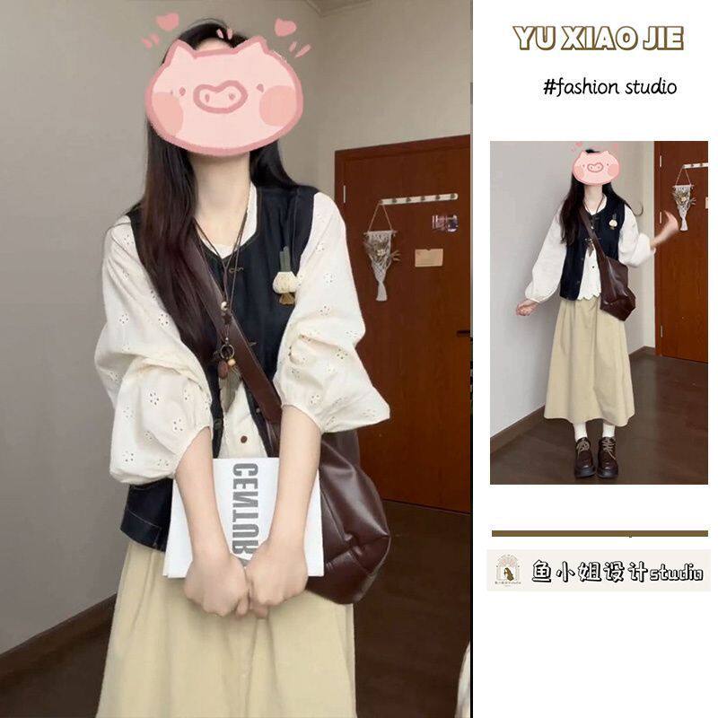 夏季韩版复古牛仔开衫马甲搭配白色衬衫+杏色半身长裙女三件套装