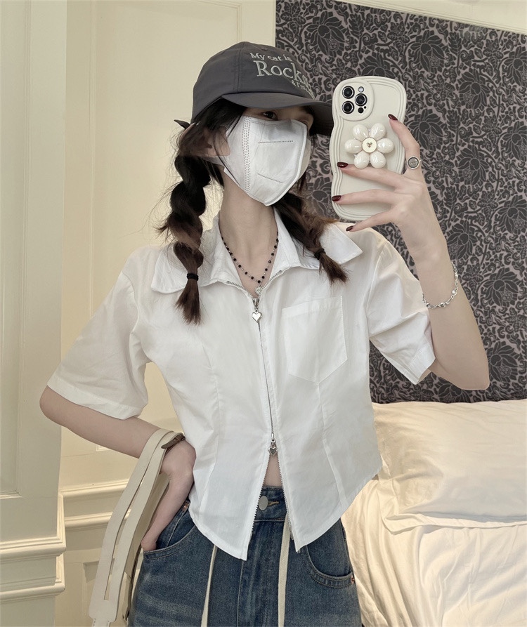 纯色翻领拉链正肩上衣夏季2023新款修身显瘦设计感小众短袖衬衫女