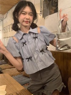 衬衫 蝴蝶结镂空小个子娃娃衫 甜美韩系条纹短袖 夏季 女 上衣短裤 套装