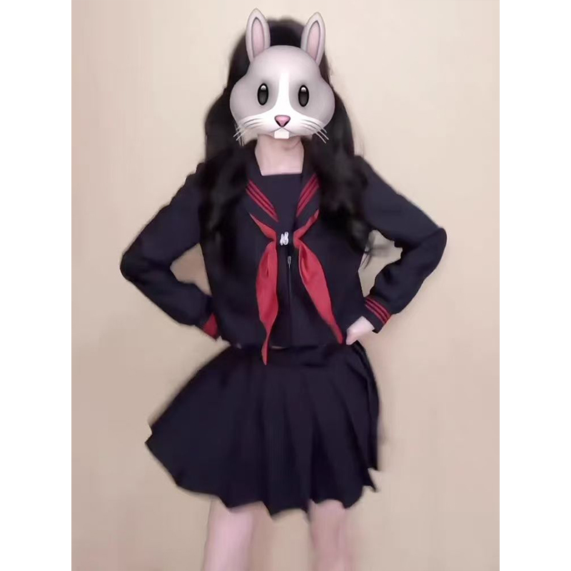 新款JK制服基础款纯黑色赤红三本水手服中间服不良少女学院风套装