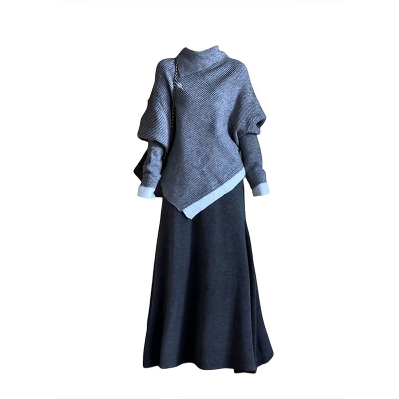 不规则新款毛衣设计慵懒显瘦针织衫高腰宽松半身裙女学生单件套装