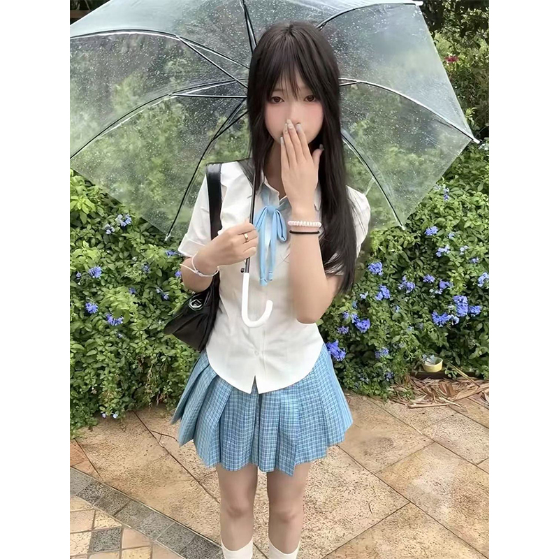 学院风基础款收腰短袖衬衫上衣百搭JK松蓝格裙原创JK制服一整套装