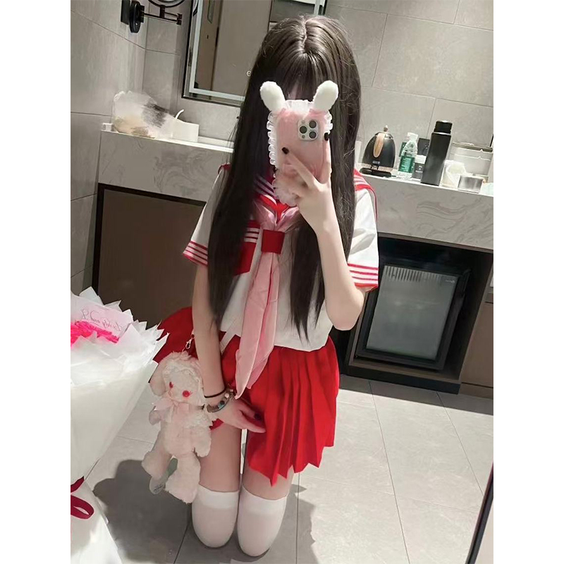 原创jk制服红三本长短袖衬衫中间服学院风多巴胺套装百搭红色JK裙
